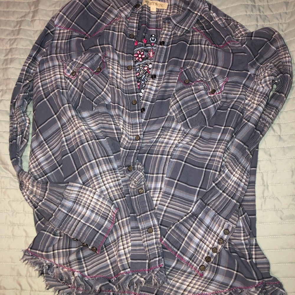Vintage Stetson 2XL women’s snap front plaid shirt with embroidered design back